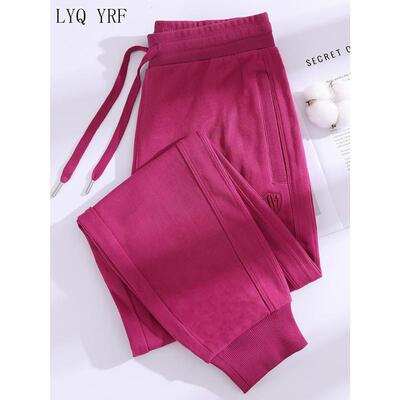Lyq yrf新款全棉春秋休闲火龙果色卫裤女拉链口袋裤子显瘦运动裤