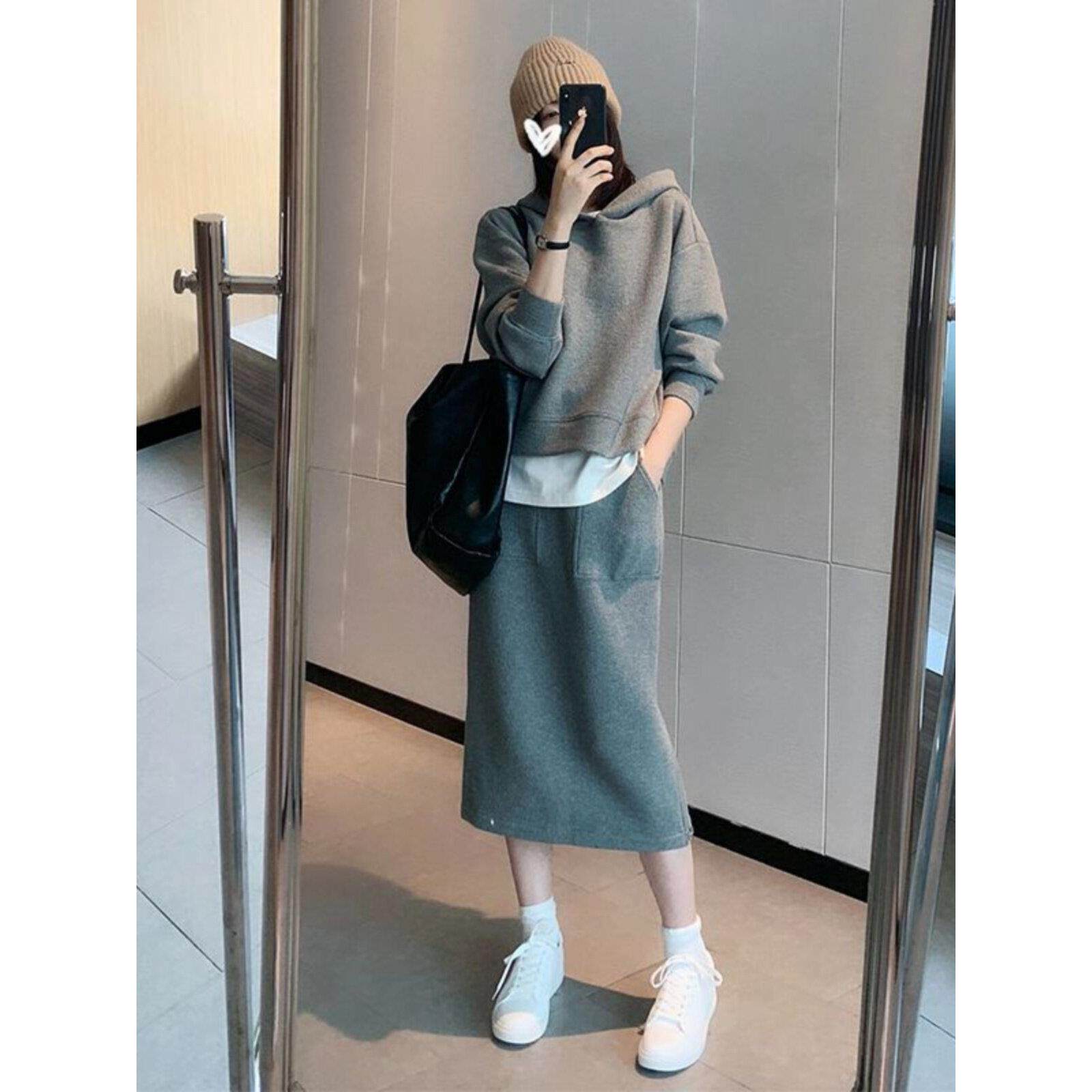 SPYB灰色运动服连帽卫衣半身裙两件套装裙女新款2025早秋休闲穿搭