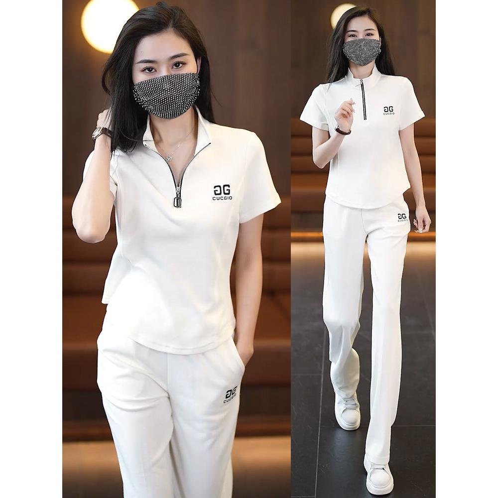 休闲运动套装女2025夏季新款短袖显瘦跑步服时尚立领卫衣两件套女