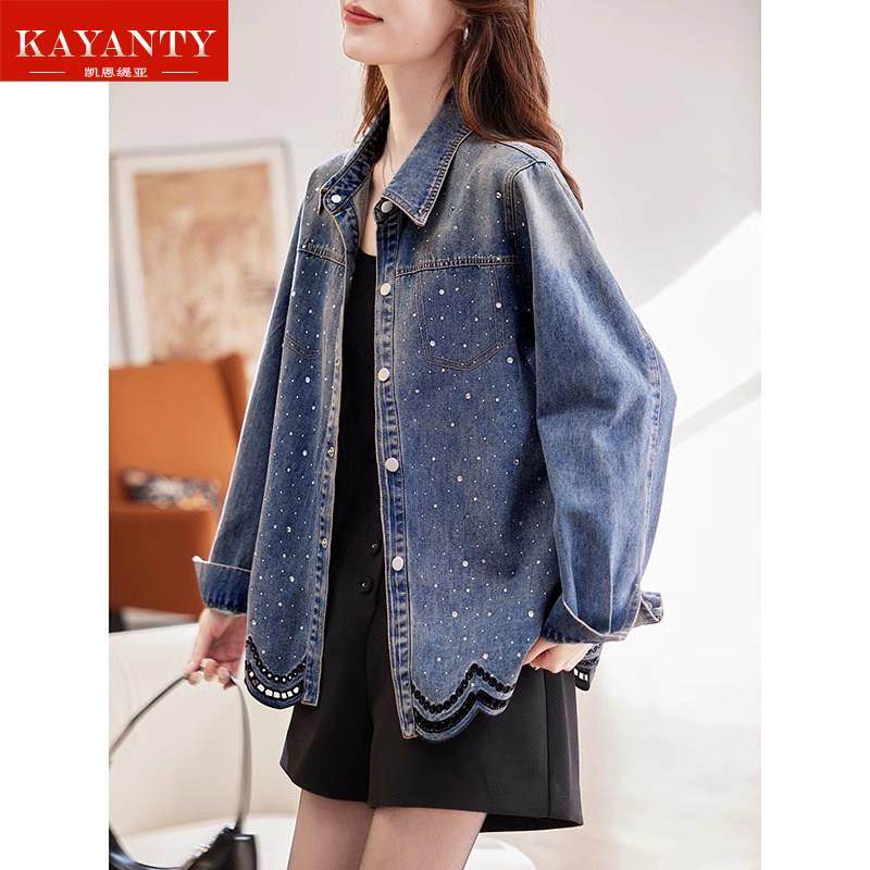 KAYANTY翻领烫钻牛仔衬衫外套2025春季韩版蕾丝拼接休闲百搭女装