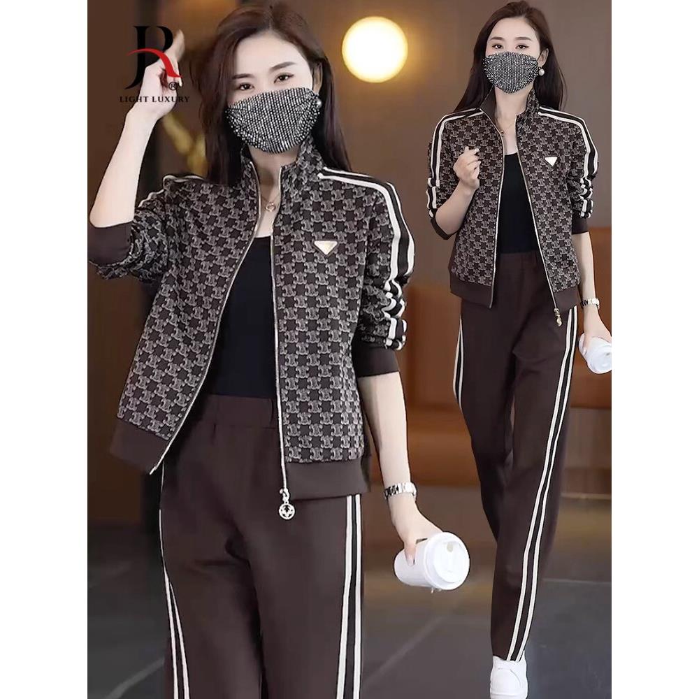 休闲运动套装女早秋新款时尚宽松洋气印花中年妈妈跑步服两件套