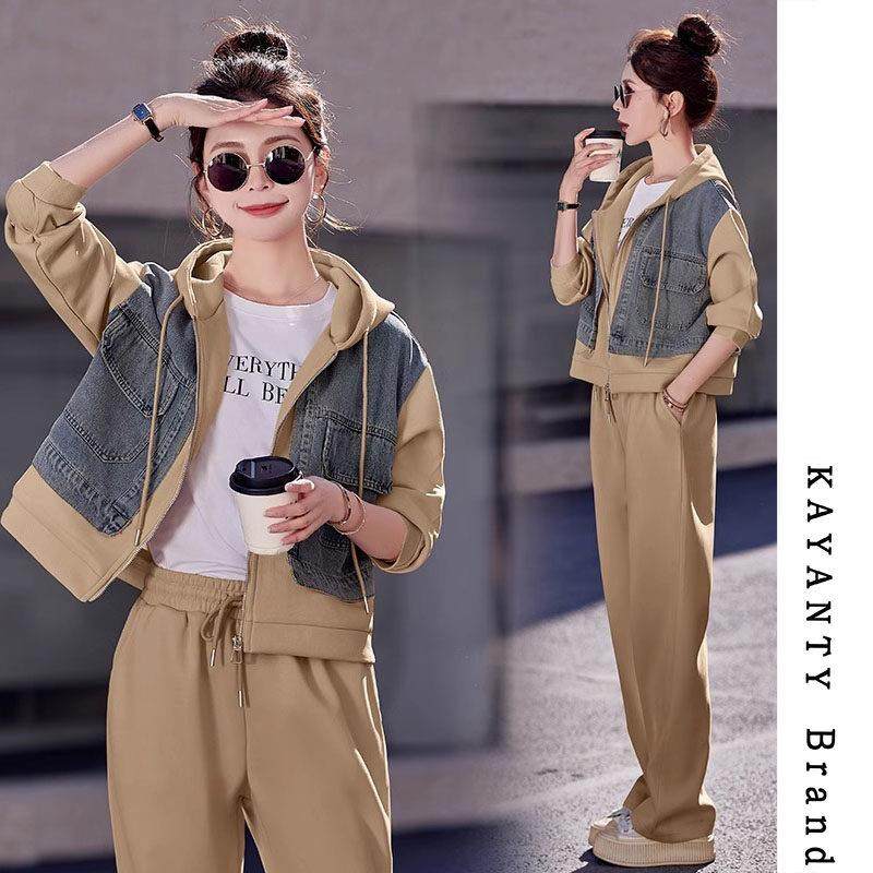 KAYANTY时尚休闲运动套装女2025年春秋季新款牛仔拼接卫衣两件套