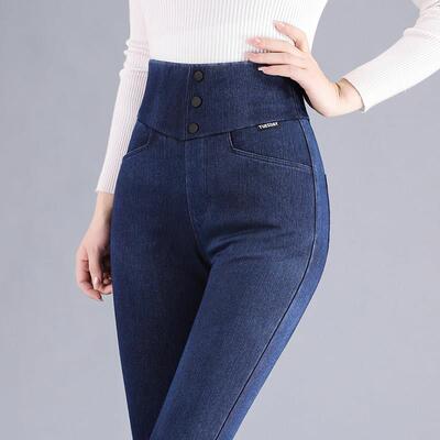 SPYB松紧腰牛仔裤女高腰收腹秋冬新款弹力显瘦加绒大码紧身小脚裤