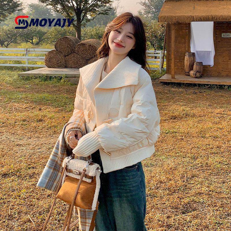 MOYAJY品牌白色针织翻领羽绒服女短款法式加厚保暖设计感时尚外套