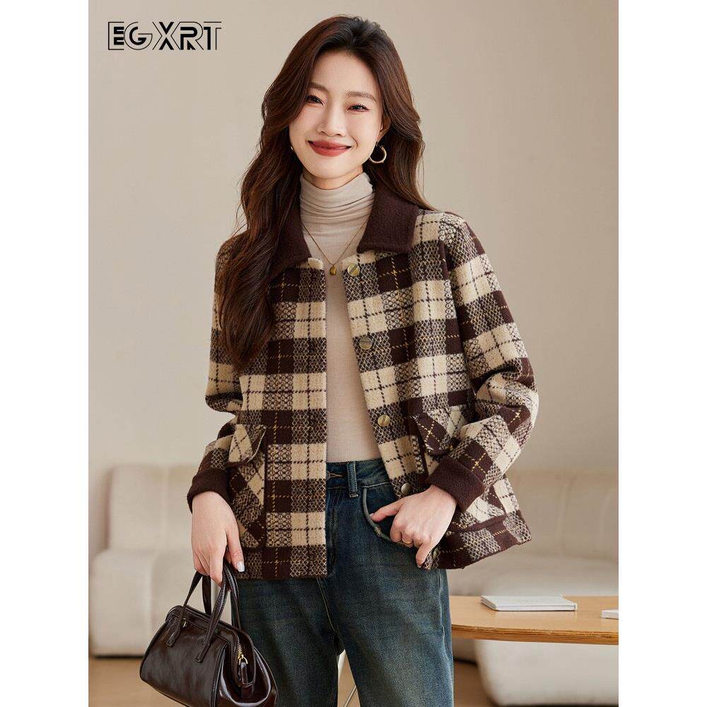 格子毛呢外套女2025年秋冬季新款短款翻领毛呢子减龄开衫呢子上衣