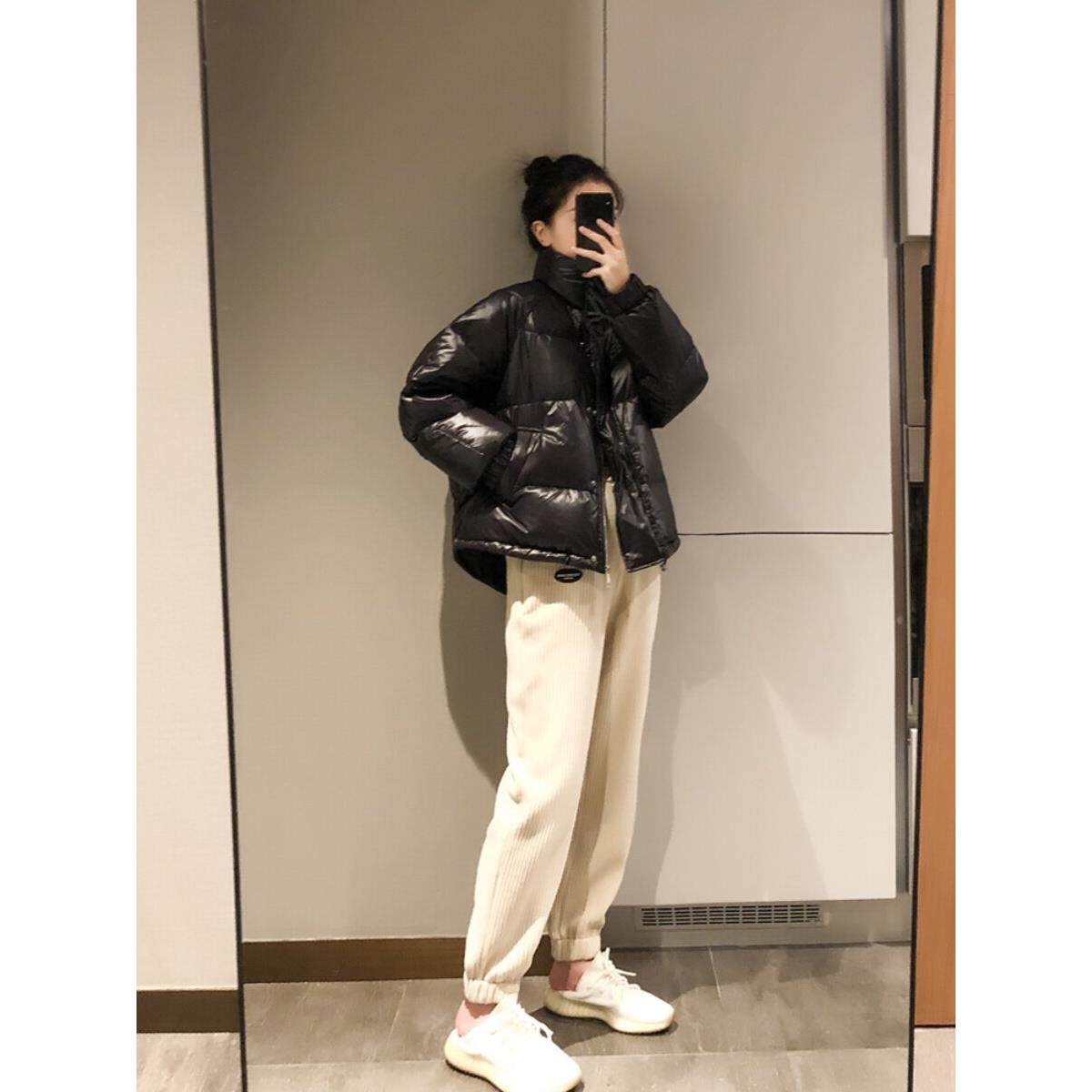 LILY MOST亮面黑色白鸭绒羽绒服女短款加厚宽松立领外套冬