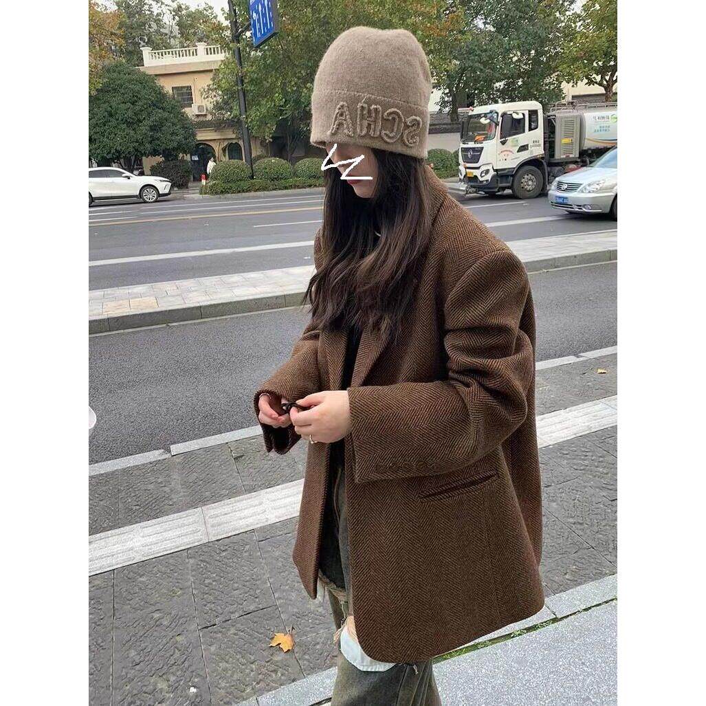 LILY MOST咖色羊毛西装外套女冬加厚人字纹复古高级感小西服女