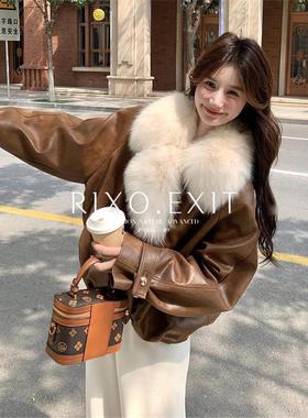 RIXO EXIT大毛领皮衣羽绒服外套女冬季2025新款保暖白鸭绒机车服