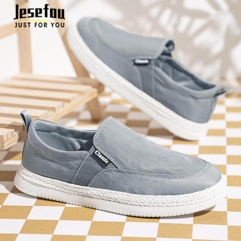 Jesefou高端奢侈透气帆布鞋男休闲鞋软底运动一脚蹬懒人鞋爸爸鞋