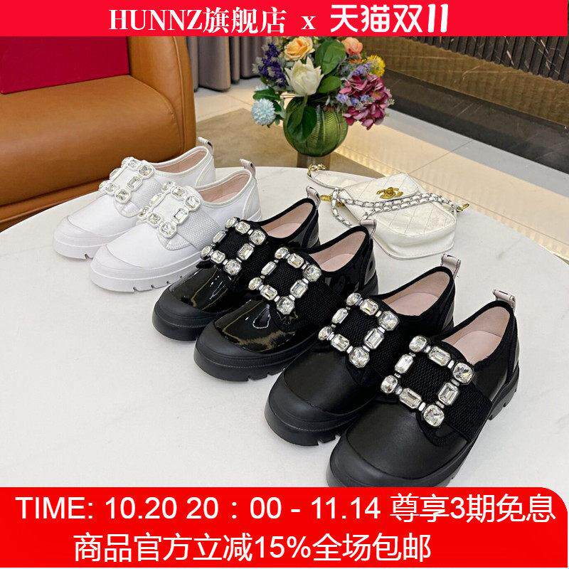 Hunnz RV水钻方扣云朵单鞋女春秋厚底一脚蹬小皮鞋真皮百搭乐福鞋