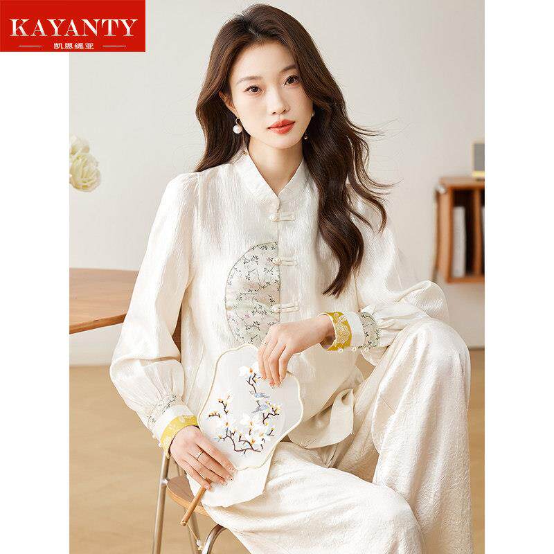 KAYANTY白色长袖衬衫秋新款新中式立领国风覆古刺绣提花盘扣上衣