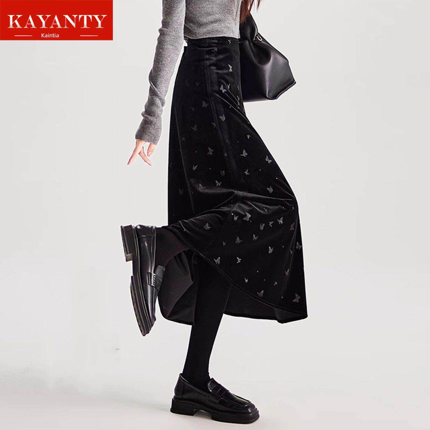 KAYANTY蝴蝶丝绒黑色开叉半身裙女中长裙新款遮胯显瘦小个子A字裙