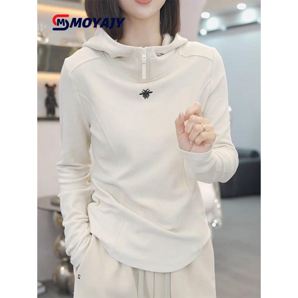 MOYAJY品牌白色德绒连帽卫衣女2025春秋冬新款大码洋气刺绣上衣
