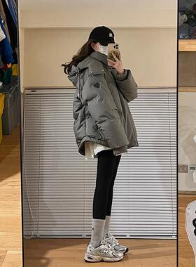 LILY MOST灰色爱心短款羽绒服男女情侣加厚小众面包冬外套