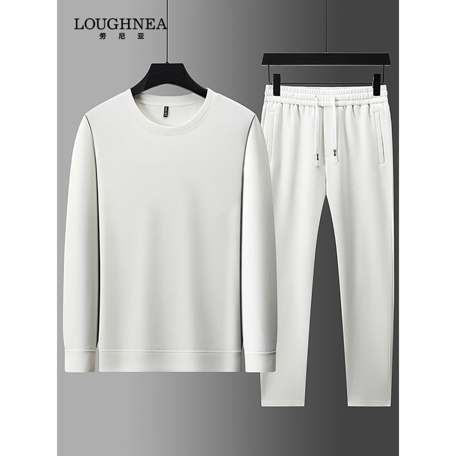 LOUGHNEA高档品牌白色圆领休闲套装男春秋新款中年卫衣长裤两件套