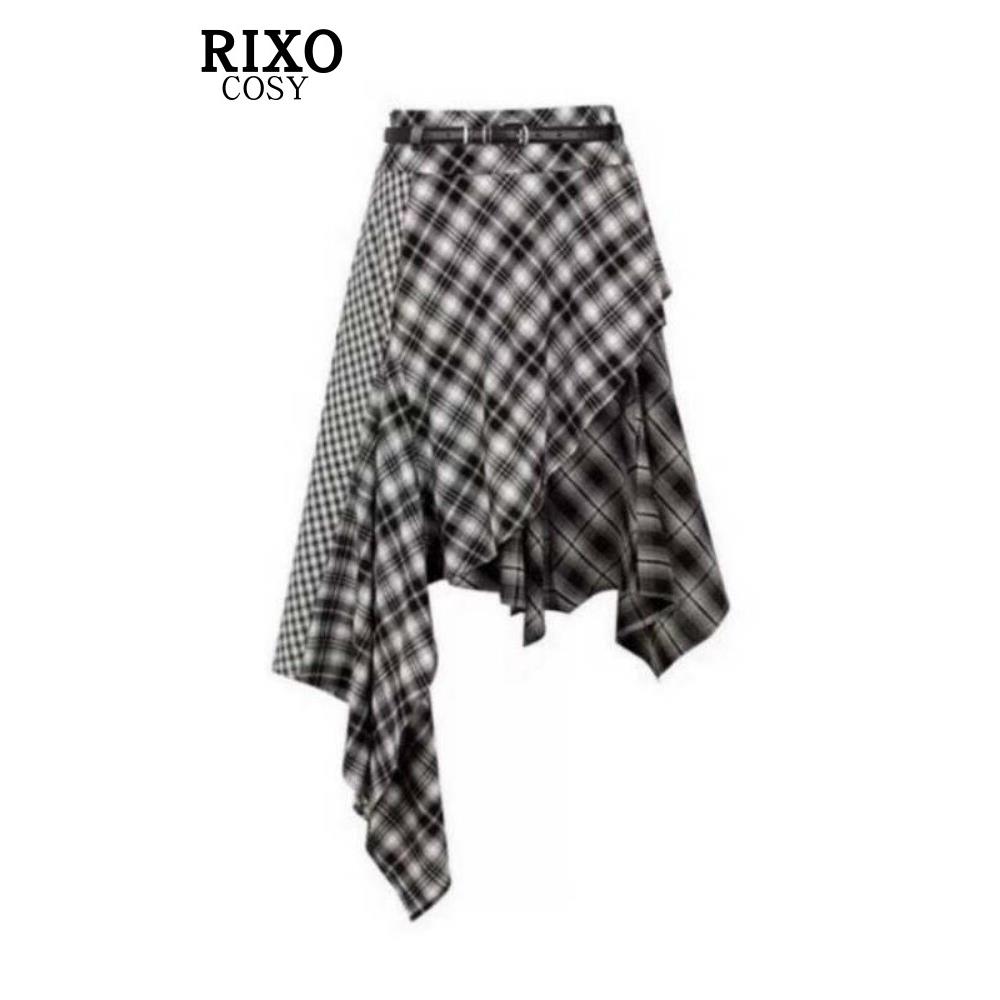 RIXO COSY复古辣妹格子裙腰带夏新款设计感黑白不规则拼接半身裙