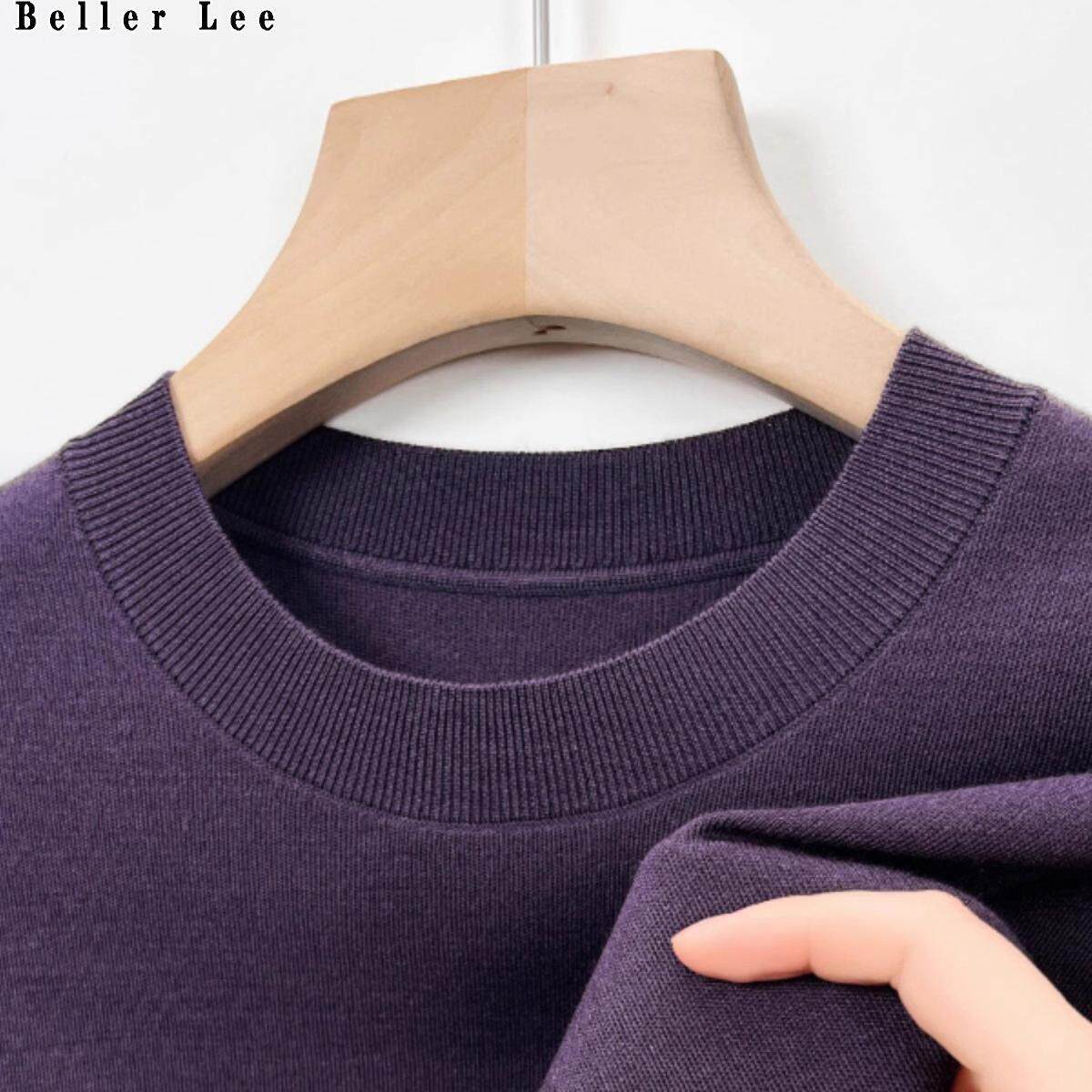 BellerLee 精纺80支100%羊毛高密不起球精纺超细薄款羊毛衫男圆领