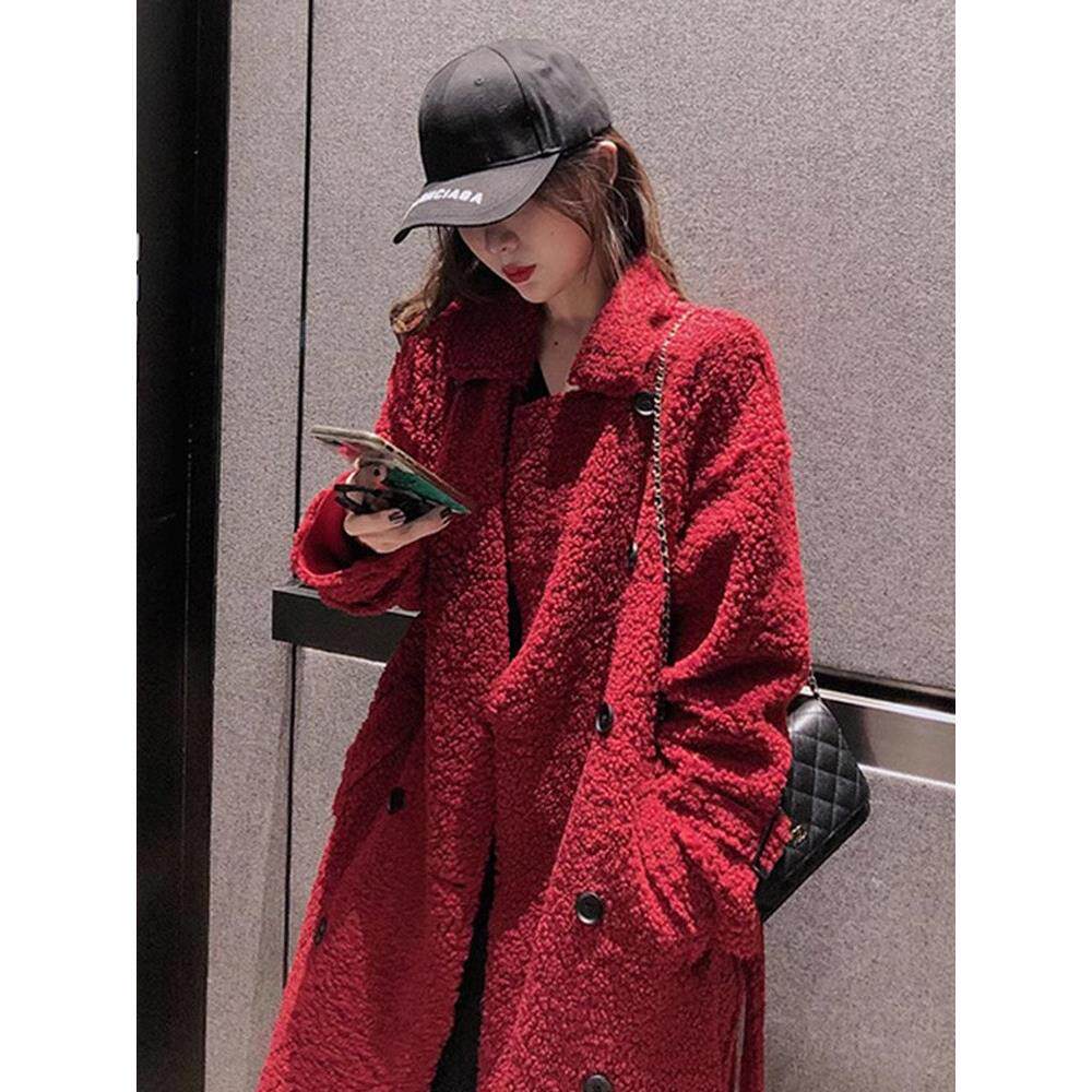 小香风洋气轻奢红色羊羔绒外套女2025冬季新款中长款保暖羊绒大衣
