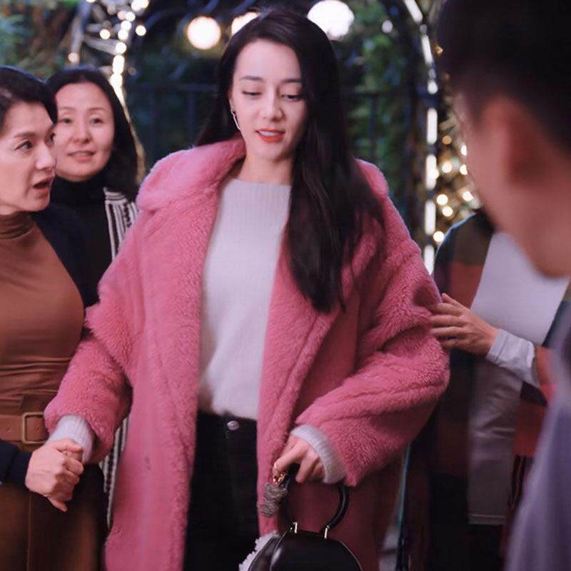 迪丽热巴同款粉色泰迪熊大衣女2025冬季新款中长款加厚羊羔绒外套