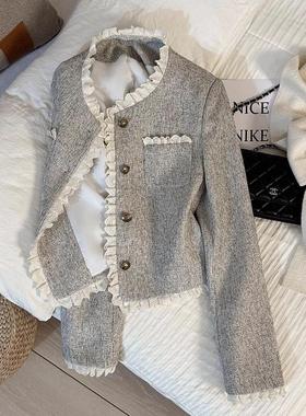 LILY MOST2025新款米灰色温柔甜美花边小香风短外套女女神范上衣