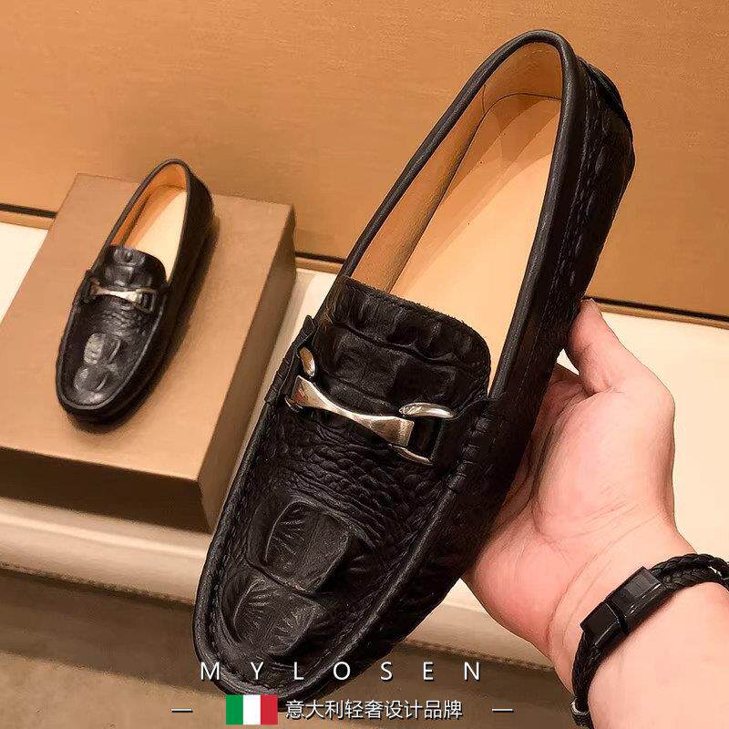 迈洛森真皮豆豆鞋男2026春季新款鳄鱼纹懒人乐福鞋休闲皮鞋一脚蹬