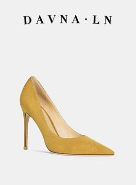 DAVNA`LN法式高跟鞋女2025年新款绒面尖头气质单鞋黄色浅口细跟鞋