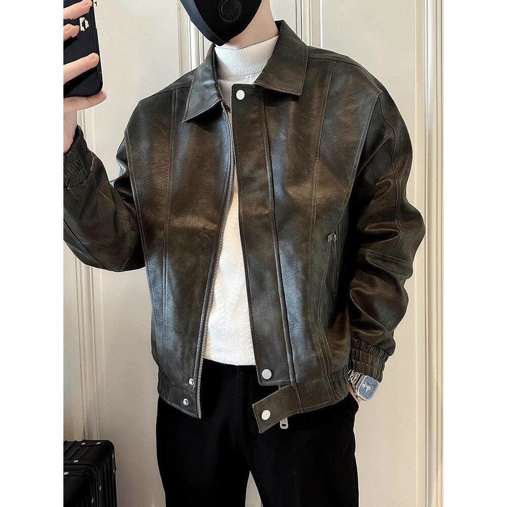 潮牌皮衣外套男士秋冬季2025新款痞帅机车服休闲宽松真皮翻领夹克