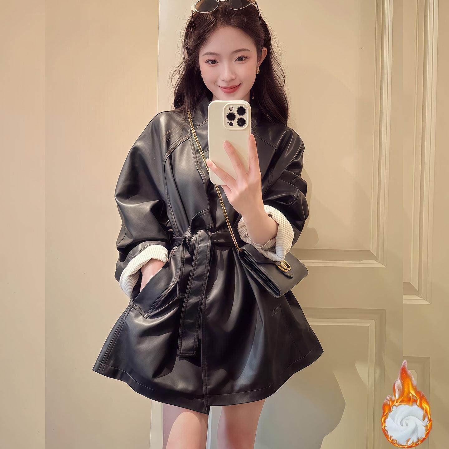 皮衣外套女2026秋冬季新款設計感立領繫帶收腰中長版加絨PU皮衣女
