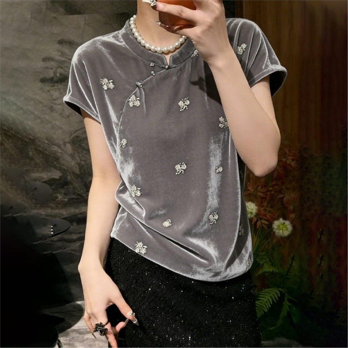 潮牌高端金丝绒花卉短袖女夏季新款欧货时尚高级感百搭上衣T恤