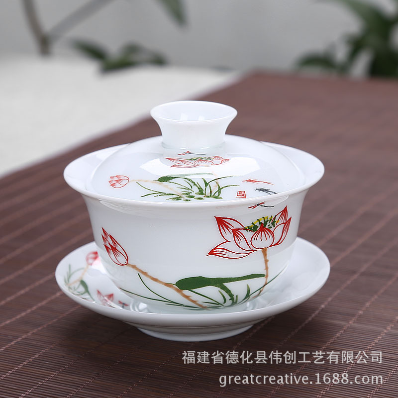 3.8寸高档高白瓷大盖碗 陶瓷茶具三才盖碗 青花茶具泡茶碗 现货