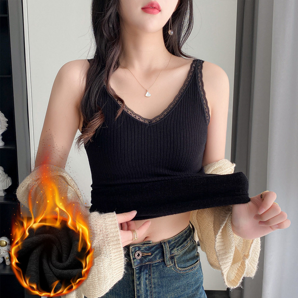 蕾丝花边V领毛圈加绒吊带小背心女保暖修身打底衫冬塑身加绒款