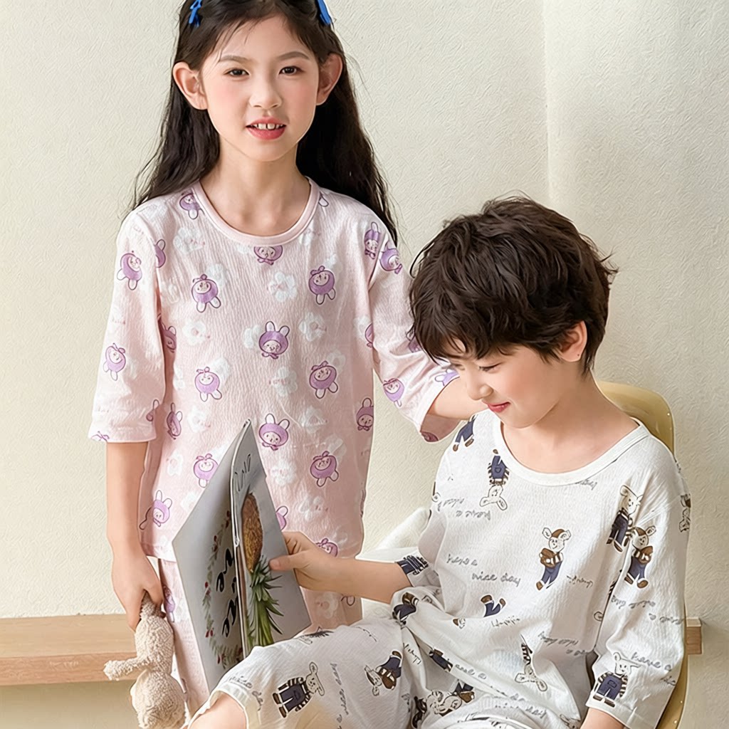 儿童睡衣套装夏季薄款空调服男童女童家居服中大童小孩纯棉七分袖