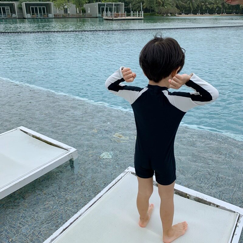 儿童泳衣长袖防晒速干连体游泳泳装温泉度假帅气亲子男童泳衣
