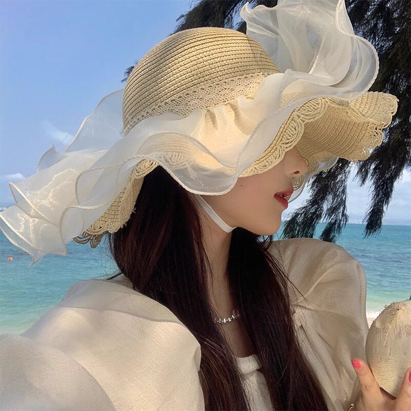 沙滩帽子女夏天韩版波浪边小清新花朵遮阳草帽出游度假大檐防晒帽