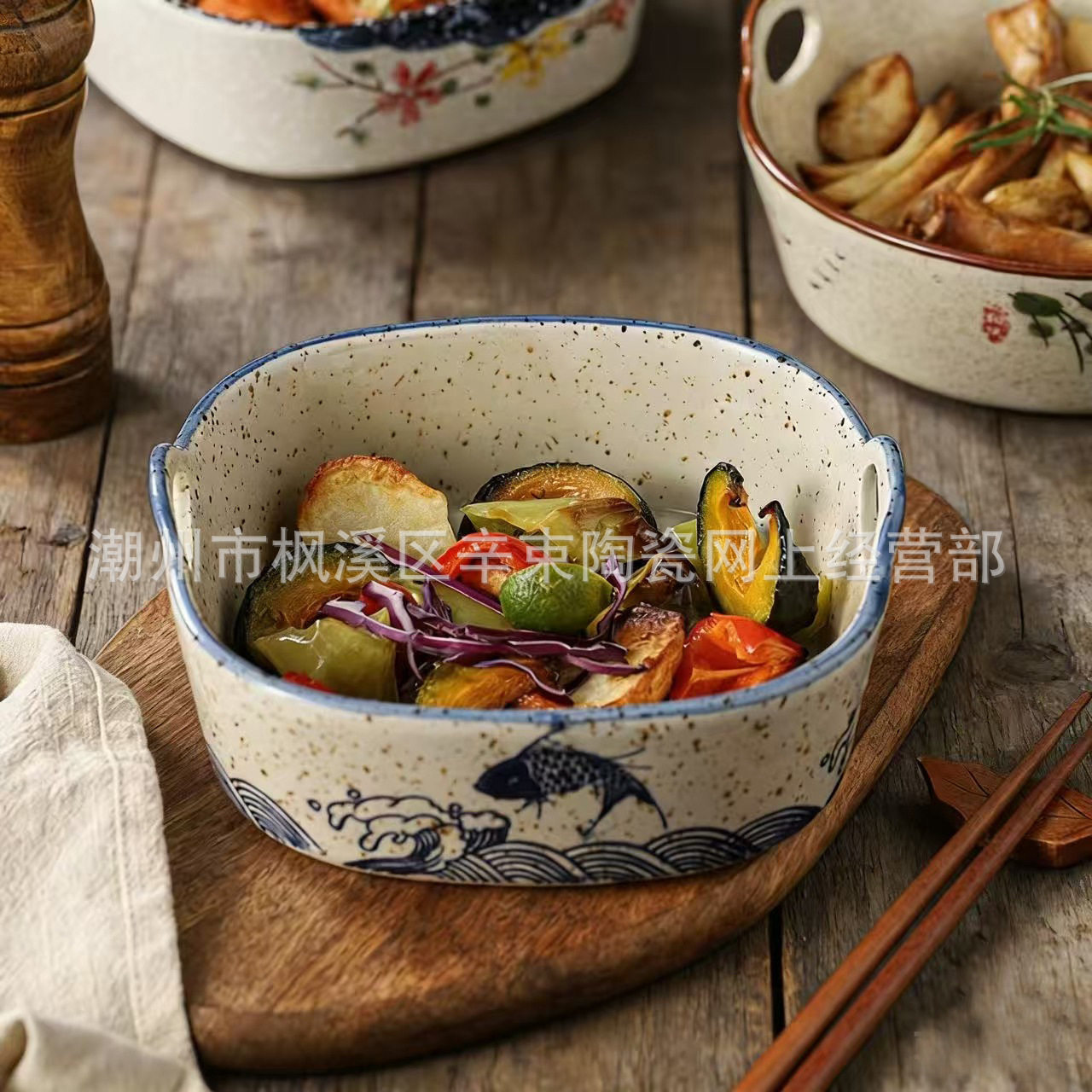 陶瓷双耳沙拉碗家用餐具芝士焗饭碗新中式小吃水果盘烤盘意面碗
