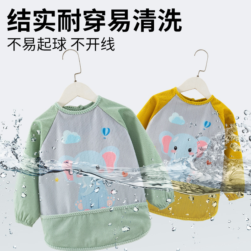 儿童罩衣水晶绒秋冬防水防脏反穿衣儿童围裙婴儿宝宝长袖围兜护衣