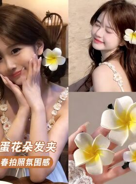 沙滩海边仿真头花鸡蛋花发夹2026新款高端花朵抓夹女侧边夹子发饰