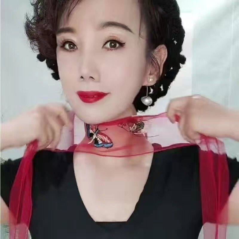 春夏季薄款刺绣蝴蝶窄长条小丝巾女百搭韩版护颈椎时尚网纱围巾女