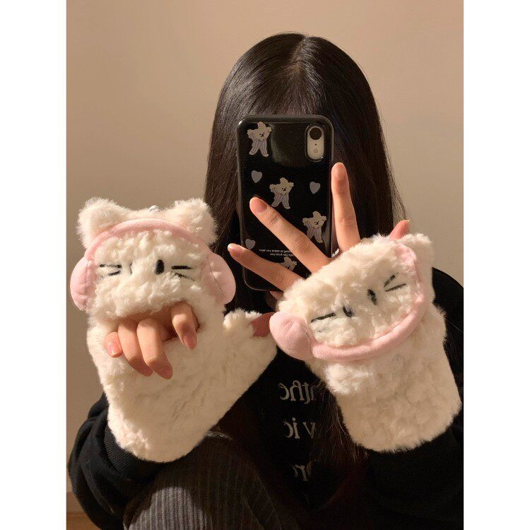 可爱耳机猫翻盖半露指毛绒手套女冬季保暖学生写字骑行防寒可触屏
