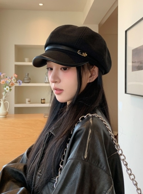 日系复古文艺风黑色鸭舌贝雷帽女休闲百搭气质显脸小八角云朵帽子