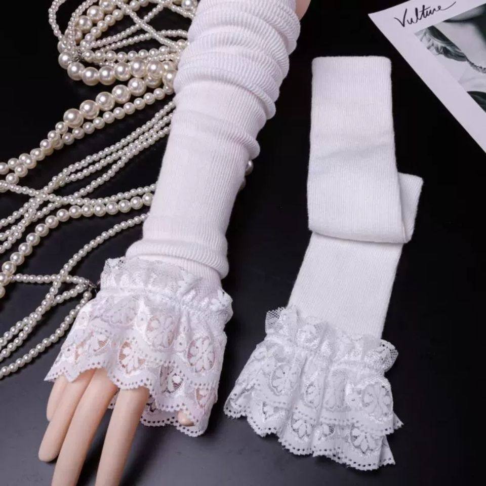 手臂套袖套女秋冬长款可爱半指保暖护手套针织蕾丝加厚加长假袖子