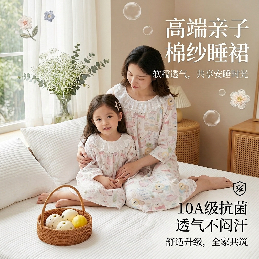 儿童睡衣夏季女童睡裙宝宝纯棉纱布裙子七分袖花边裙亲子款