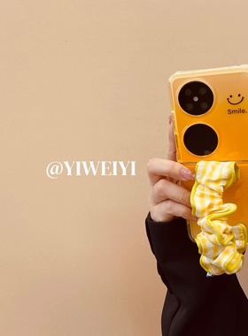 依维意 适用于小米mixflip手机壳pocket2橙色可爱笑脸英文matex6折叠屏弹力格子腕带三星zflip5秋冬新款防摔