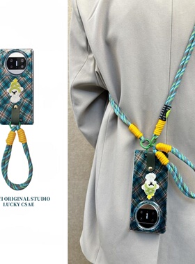 依维意  适用于华为MateX5手机壳绿色格纹HUAWEI绿帽子刺绣狗狗MateX3斜挎背带MateX5典藏版手提可爱保护套