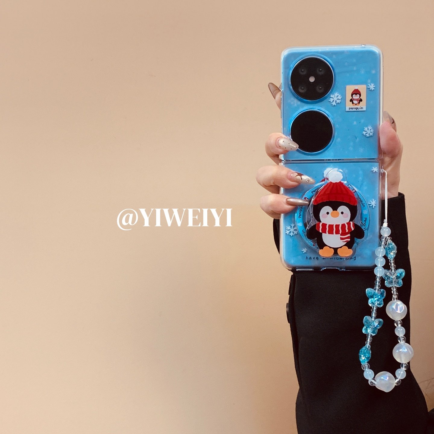 依维意 适用于华为pocket2手机壳purax可爱ins风折叠屏oppofindn3flip透蓝雪花企鹅支架mixflip创意串珠手链
