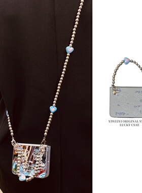 依维意 适用于华为PuraX折叠手机壳Pocket2镜面线条小狗三星ZFlip5电镀珠手链新款小米2可斜挎OPPOFindN3Flip