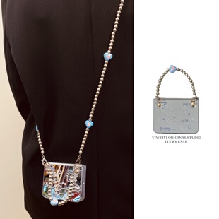 依维意 小米2可斜挎OPPOFindN3Flip 适用于华为PuraX折叠手机壳Pocket2镜面线条小狗三星ZFlip5电镀珠手链新款