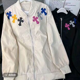 美式高街网红十字架印花飞行员夹克情侣秋冬加绒潮牌黑色棒球外套
