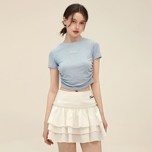 字母刺绣褶皱修身露腰短袖T恤