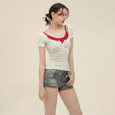 莫代尔波点半开纽扣短袖上衣